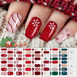 8 Sheets Christmas Nail Wraps Full Stickers Nail Polish Strips, DIY Self-Adhesive Glitter Nail Art Decals Snowflake Santa Claus Xmas Tree Red Green Party Decor with 1 Pcs Nail Files (128 Pieces)