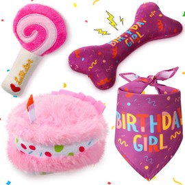 JellyArch 4 Pcs Dog Birthday Toys Set Plush Squeaky Dog Toys Birthday Gift for Dogs Stuffed Chew Toys for Small Medium Large Dogs Birthday Party(Pink,Classic Style)