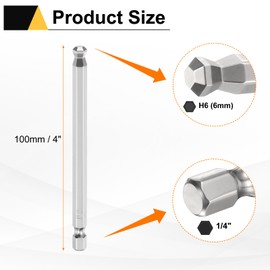 sourcing map 5pcs Ball End Hex Screwdriver Bit H6 (6mm) Head 1/4" Hex Shank 100mm (4") Long Magnetic S2 Steel Metric Screw Driver Drill Bit Wrench Socket Power Tool