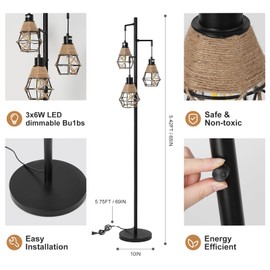 Boho Rattan Stepless Floor Lamp 65” Farmhouse Industrial Floor Lamp Standing Vintage Lamp with Rattan & 3PCS Dimmable Bulbs Tall Lamps for Living Room Bedroom Dining Room Office