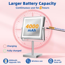 Ruacq Rechargeable Makeup Mirror, 4000mAh Lighted Makeup Mirror with Magnification 1X/10X, Height Adjustable Vanity Mirror with Lights, 3 Color Lights, Adjustable Brightness, 360°Rotation (Chrome)