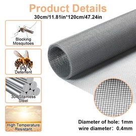 Stainless Steel Wire Mesh 30 cm x 120 cm Mouse Mesh Rabbit Wire Mesh Fine Mesh Fly Screen Stainless Steel Roll Metal Mesh Fine 1 mm Holes for Ventilation, Filter, Safety, Windows