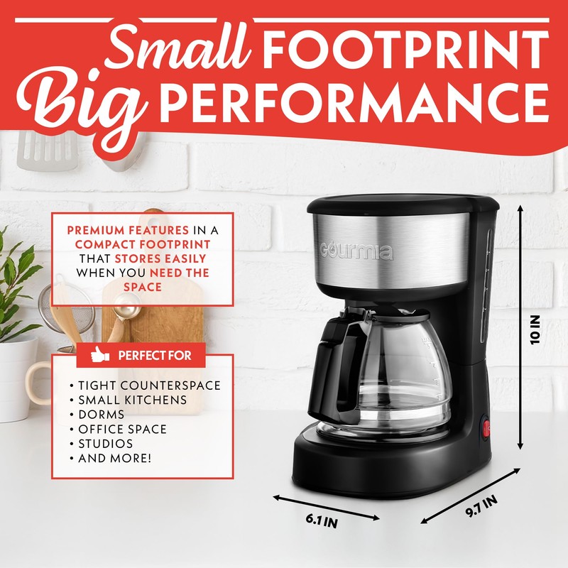 Gourmia 5-Cup One-Touch Drip Coffee Maker, Compact Countertop Coffee Machine