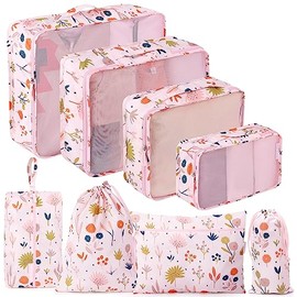 MissBoy - Juego de 8 cubos de embalaje para maletas, cubos de embalaje para viajes, organizador de equipaje, rosa, floral, ligero, resistente, poliést