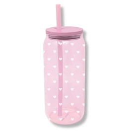Draper James Glass Tumbler with Straw and Lid, 20oz Ice Coffee Cup, Cute Glass Cup with Bamboo Lid, Pink Glass with White Hearts Aesthetic Cups for Women, Mini Hearts