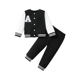 VEGGIEDOT Baby Boy Outfits Toddler 18-24 Months Boy Clothes Infant Fall Winter Varsity Baseball Sweat Jacket Button Pants Set Black Casual Clothing Set