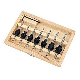 COUNTERSINK DRILL BIT SET IN WOOD CASE(7drill bits, 7countersink collars ,7 grub screws, 1 storage box)