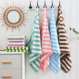 Thick Wide Stripe Bath Towel - Soft, Absorbent, Fuzz-Resistant with Covered Edges 140*70cm/Lime Green 4ea