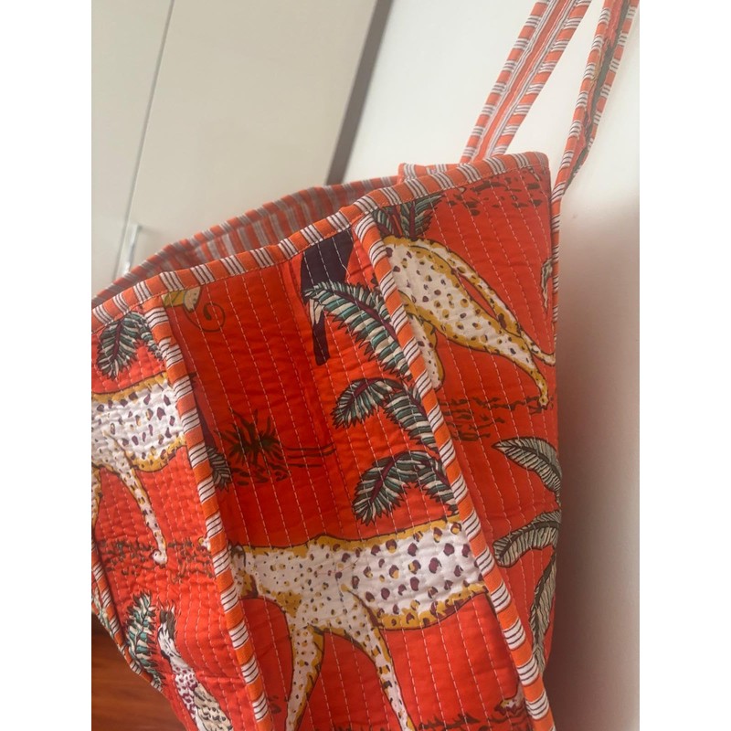 Quilted Cotton Tote Bag, Orange Tropical Safari Print, Striped Handles