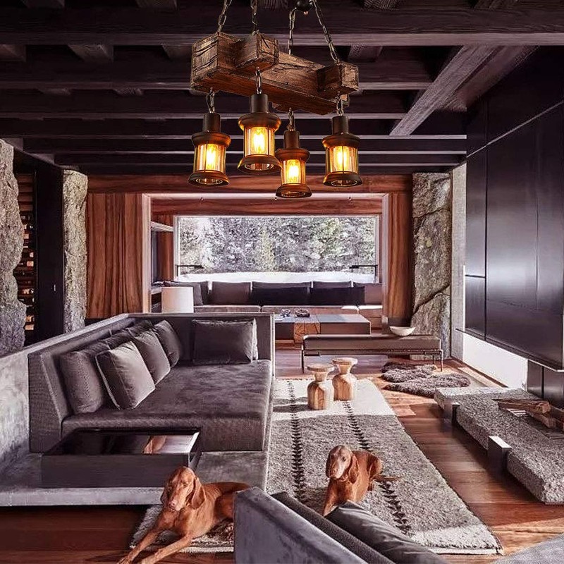 Farmhouse Lighting Industrial Rustic Wood Linear Island Pendant Light Chandelier