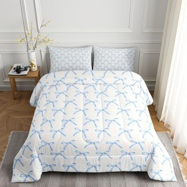 Manfei Cartoon Bowknot Kids Comforter Set Twin Size,Bow Tie Knot Geometric Patchwork Fashion Bedding Set,Girls Women Room Decor,Hand-Painted Sketch Down Comforter,Blue Noble Duvet Insert,1 Pillowcase