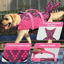Kosgraiy Dog Life Jacket Mermaid Dog Life Vest with High Buoyancy and Rescue Handle for Boating,Adjustable Puppy Swim Jacket Pet Floating Vest for Small Medium Large Dogs,Pink,S