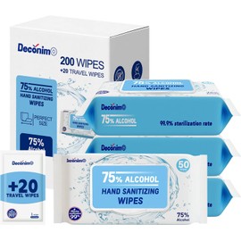 Advanced Large 75% Alcohol Hand Sanitizing Wipes, 4 Packs of 50 (200 Wipes) - Plus 20 Travel Packs - (Each Wipe Size 6" x 8")