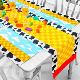 Windkream 7 Pieces Cartoon Story Table Runner Placemats Cartoon Story Birthday Party Supplies Cow Pattern Printed Check Table Decorations for Dining Table Party Mat Set