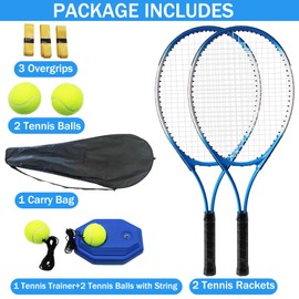 ZHUOKECE Tennis Rackets for Adult, 2 Players Adult Recreational Tennis Rackets Set for Beginners and Professional with 4 Tennis Balls, 3 Overgrips, 1 Tennis Bag (Blue)