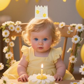 GORNZX First Birthday Crown, Felt Party Hat with Yellow Daisies, White Number 1, Elastic Band