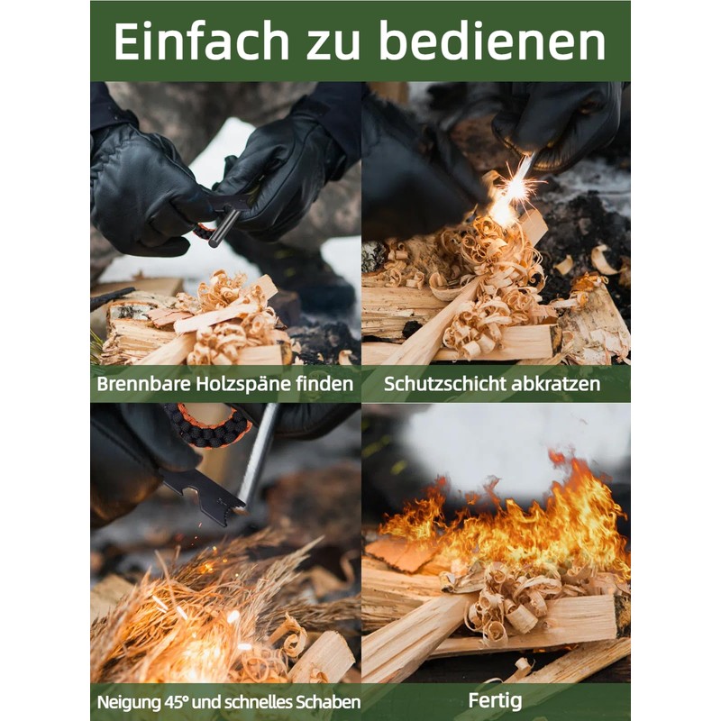 Fire Steel Flint, Survival 4 Piece Fire Starter Set -