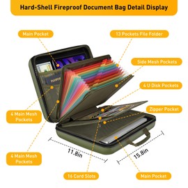 Fireproof Document Organizer with Lock, File Organizer Safe Box Fireproof Waterproof, Hard Shell Fire Proof Document Bag with 13 Pocket Accordion File Folders, Home Storage Office Organization