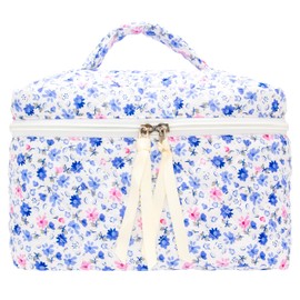 PAZIMIIK Quilted Makeup Bag Large Travel Zipper Soft Cosmetic Case for Women Girls Make Up,Floral Blue