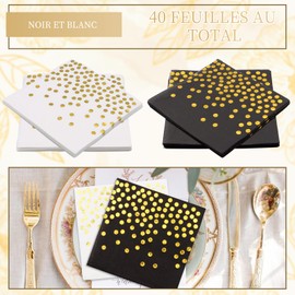 VEGCOO Papierservietten, 40 Stück, Geburtstag, Einweg-Papier, gepunktet, für Geburtstagsfeier, Tischdekoration (Schwarz/Weiß)