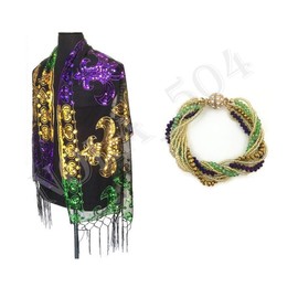 COMBO OF 2 (SCARF + BRACELET) Mardi Gras Shawl and Magnetic Ball Closure Bracelet Purple Green Gold Sequin Fringe New Orleans Carnival