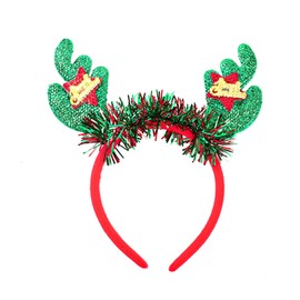 Dzrige Merry Christmas Headband with Red Green Tinsel,Glitter Christmas Reindeer Antler Headband Funny Xmas Headwear for Christmas Eve Party Birthday Carnival Party Props Decoration