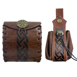 EpicCos 2 PCs Medieval Faux Leather Belt Bag, Renaissance Drawstring Pouch Dice Bag, Vintage Side Pack Coin Purse for LARP (Brown B)