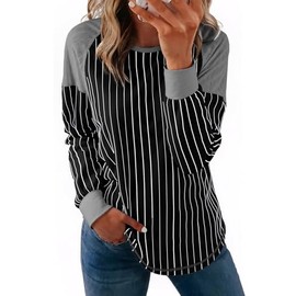 Acelitt Women's Casual 2025 Winter Fashion Loose Crewn Neck Long Sleeve Comfy Pullover Striped Tshirt Tops Black Large