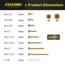 Wood Screws Assortment Kit, FIXLINK 240 PCS High Hardness Flat Head Wood Screws Set, Phillips Drive Assorted Screws, Contain Anchors and 8 Size (2-1/2”,2”,1-1/2”,1-1/4”,1”,3/4”,5/8”,1/2”), Yellow Zinc