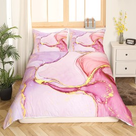 Girly Marble Bedding Set Single Marble Printed Duvet Cover Gold Glitter Pink Purple Marble Abstract Art Comforter Cover for Girls Kids Bedroom Decor Modern Marble Bedspread Cover Zipper