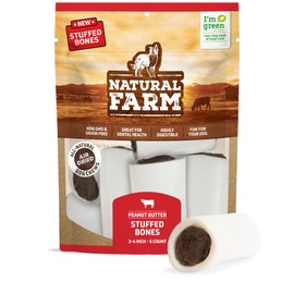 Natural Farm Peanut Butter Filled Bones (3-4 Inch, 6 Pack), Limited Ingredient, Natural Stuffed Dental Dog Bone Treats for Dogs, Made with Real Beef