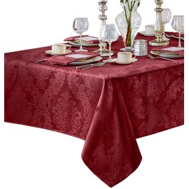 Newbridge Barcelona Luxury Damask Fabric Tablecloth, 100% Polyester, No Iron, Soil Resistant Dining Room, Party Banquet and Holiday Tablecloth, 60 Inch x 84 Inch Oblong/Rectangle, Burgundy