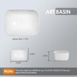 Tysun Rectangular Vessel Sink with Pop-up Drain, 16'' x 12'' Rectangle Bathroom Sink, Deep Bowl Modern Above Counter White Porcelain Ceramic Bathroom Vessel Sink