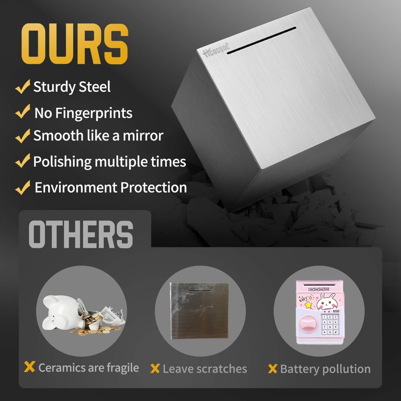 500万円 貯まる|正方形 ステンレス製の貯金箱|大容量メタルバ|ンクまずは500万円貯められる|15x15x15cm，シルバー