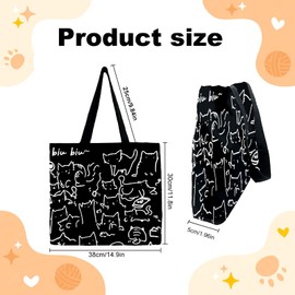 Eowppue Charming Canvas Tote Bag with Cute Cat Pattern, Versatile Everyday Aid, black