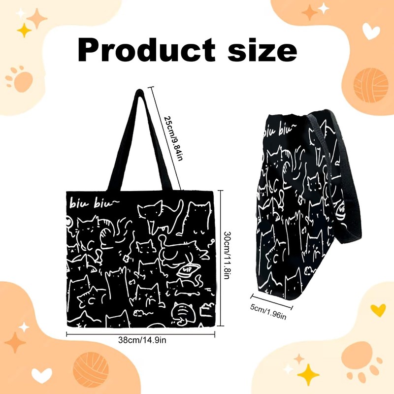 Eowppue Charming Canvas Tote Bag with Cute Cat Pattern, Versatile
