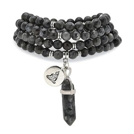 Natural 108 Mala Beads Bracelet Mindfulness Necklace with Yoga Buddha Zen Charm and Reiki Quartz Hexagonal Prism Pendant (Labradorite)