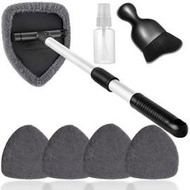 Qydipclin 7pcs Windshield Cleaner Tool Car Window Cleaning Wash Kit with 4 Reusable Microfiber Pads 1 Spray Bottle and Extendable Handle Auto Glass Wiper Kit, Gray