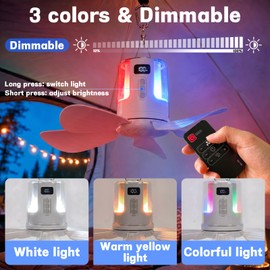 Tent Fan with RGB Lights, 15.75" Portable Ceiling Fan for Camping Hanging with Warm/White Lights Remote, Rechargeable Battery Operated Ceiling Fan, Camping Fans for Tents Beach Travel Canopy Outdoor