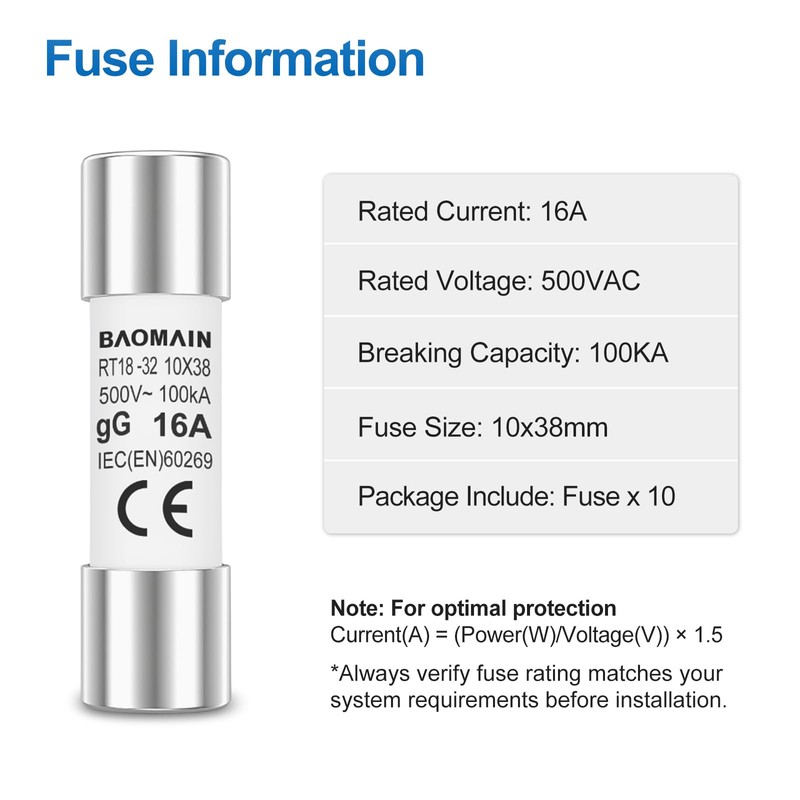 Baomain 10-Pack 16A Fuse Link, RT18-32 (RO15 RT14 RT19), Cylindrical