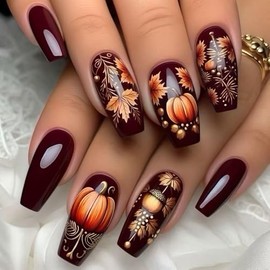 Fall Press on Nails Coffin Medium Length Pumpkins Fake Nails with Designs Dark Brown False Nails Cute Maple Leaf Autumn Nail Tips Full Coverage Glue Stick on Nails for Women DIY Manicure 24PCS