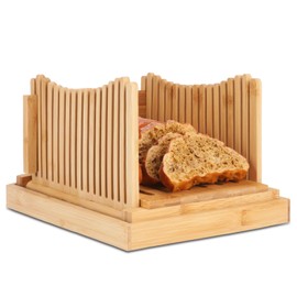 Bread Slicer, Bamboo Bread Slicer Guide Adjustable with 3 Slice Thickness, Bread Cutting Guide with Crumb Tray, Bread Maker Accessories for Homemade Bread, Cakes, Bagels