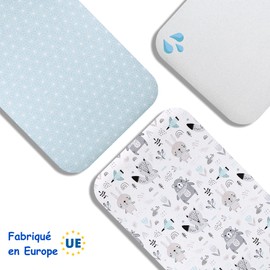 Lovely Hippo 2 x Fitted Sheets 83 x 50 cm 100% Cotton + 1 x Mattress Protector 100% Waterproof Material - Set 3X - Compatible Chicco, Kinderkraft (Blue Animals, 50 x 83 cm)