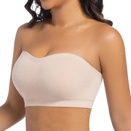 ONEW Strapless Bra for Women Non-Slip Silicone Bandeau Bra Seamless Wireless Tube Top Bralette,Beige,X-Large