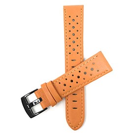 Bandini Mens Leather Rally Strap - Breathable Perforated Racing Watch Band - Replacement Racing Band - Orange 24mm - Black Buckle