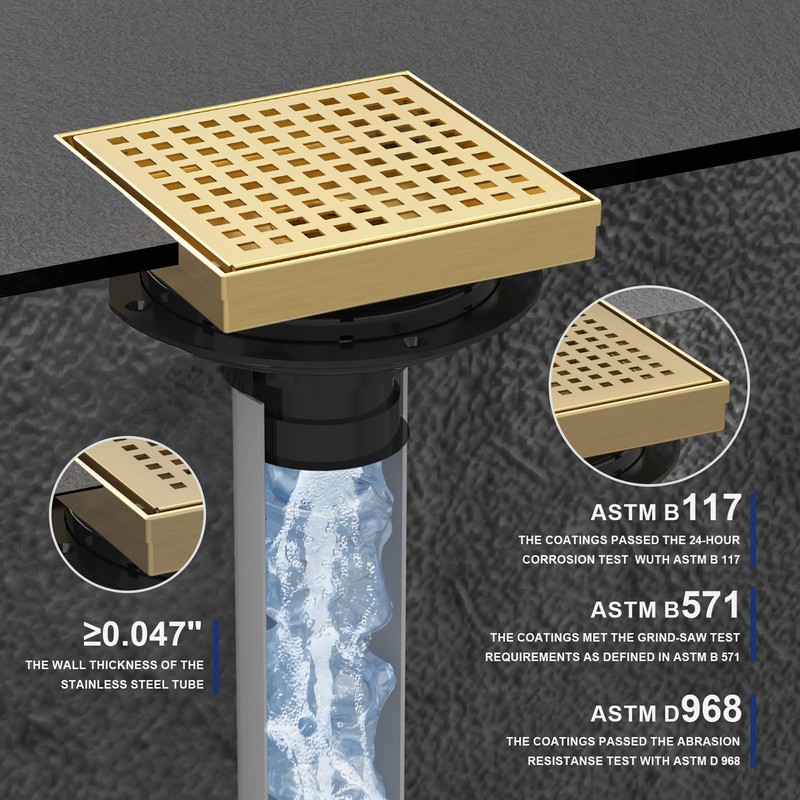 6 Inch Square Shower Drain | Brushed Gold Shower Drain