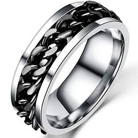 8mm Stainless Steel Chain Inlay Wedding Band Biker Ring (Black, 6)