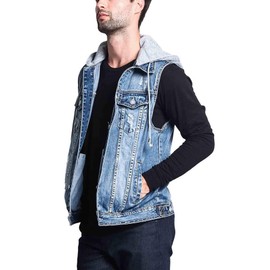 VICTORIOUS Detachable Hood Denim Jean Vest Jacket DK108 - Distressed Indigo - Medium - GG1F