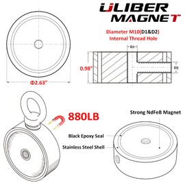 ULIBERMAGNET Double Sided Fishing Magnet Kit Combined 880lb N52 Heavy Duty Neodymium Magnet with 66Ft Durable Rope, Powerful Strong Magnetic of Retrieving Treasure in Rivers