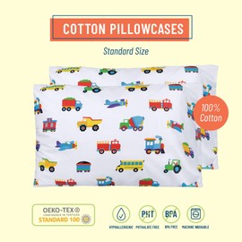 Wildkin Kids 2-Pack 100% Cotton Pillowcases for Boys & Girls, Soft and Breathable Fabric Pillow Kids Pillowcase, Fits Standard Size Pillow (20 x 30 Inches) - Trains, Planes & Trucks